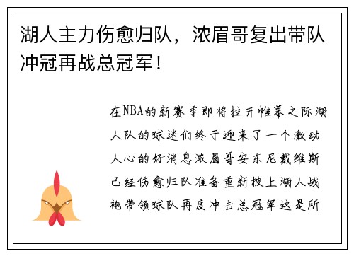 湖人主力伤愈归队，浓眉哥复出带队冲冠再战总冠军！