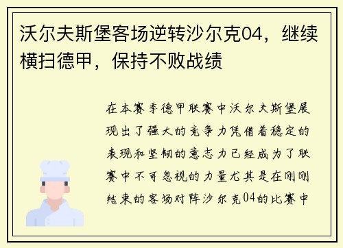 沃尔夫斯堡客场逆转沙尔克04，继续横扫德甲，保持不败战绩