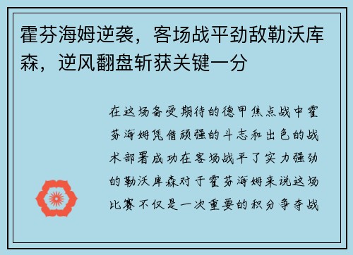 霍芬海姆逆袭，客场战平劲敌勒沃库森，逆风翻盘斩获关键一分