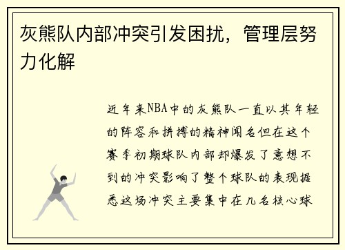 灰熊队内部冲突引发困扰，管理层努力化解