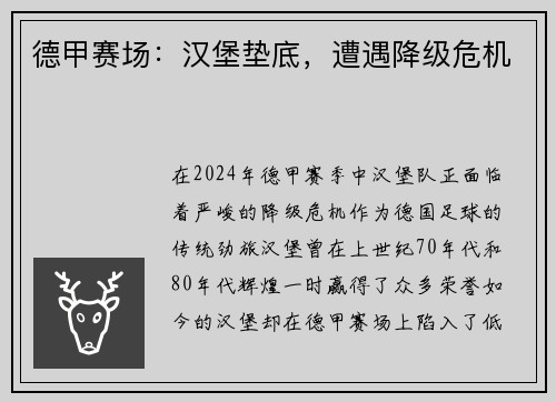 德甲赛场：汉堡垫底，遭遇降级危机