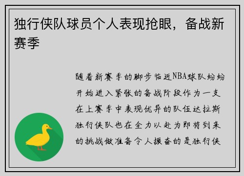 独行侠队球员个人表现抢眼，备战新赛季