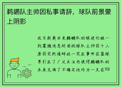 鹈鹕队主帅因私事请辞，球队前景蒙上阴影